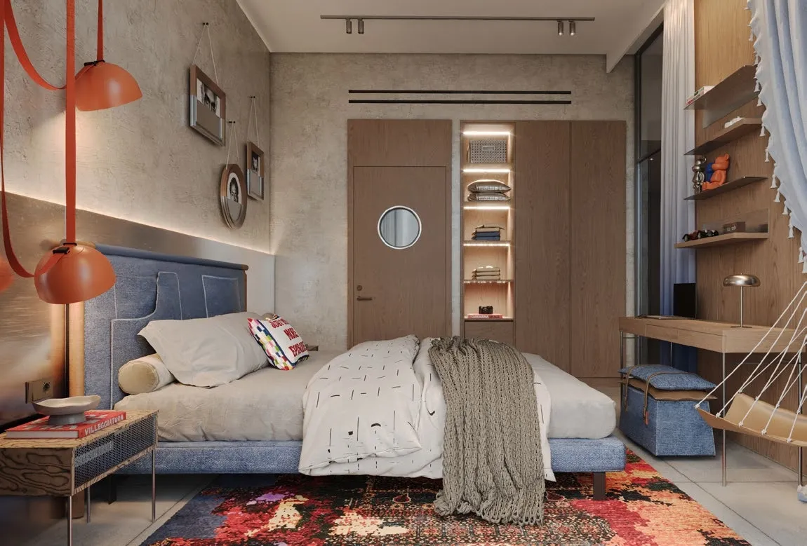 Open-plan living interior with integrated kitchen and smart storage at Raw District 2.