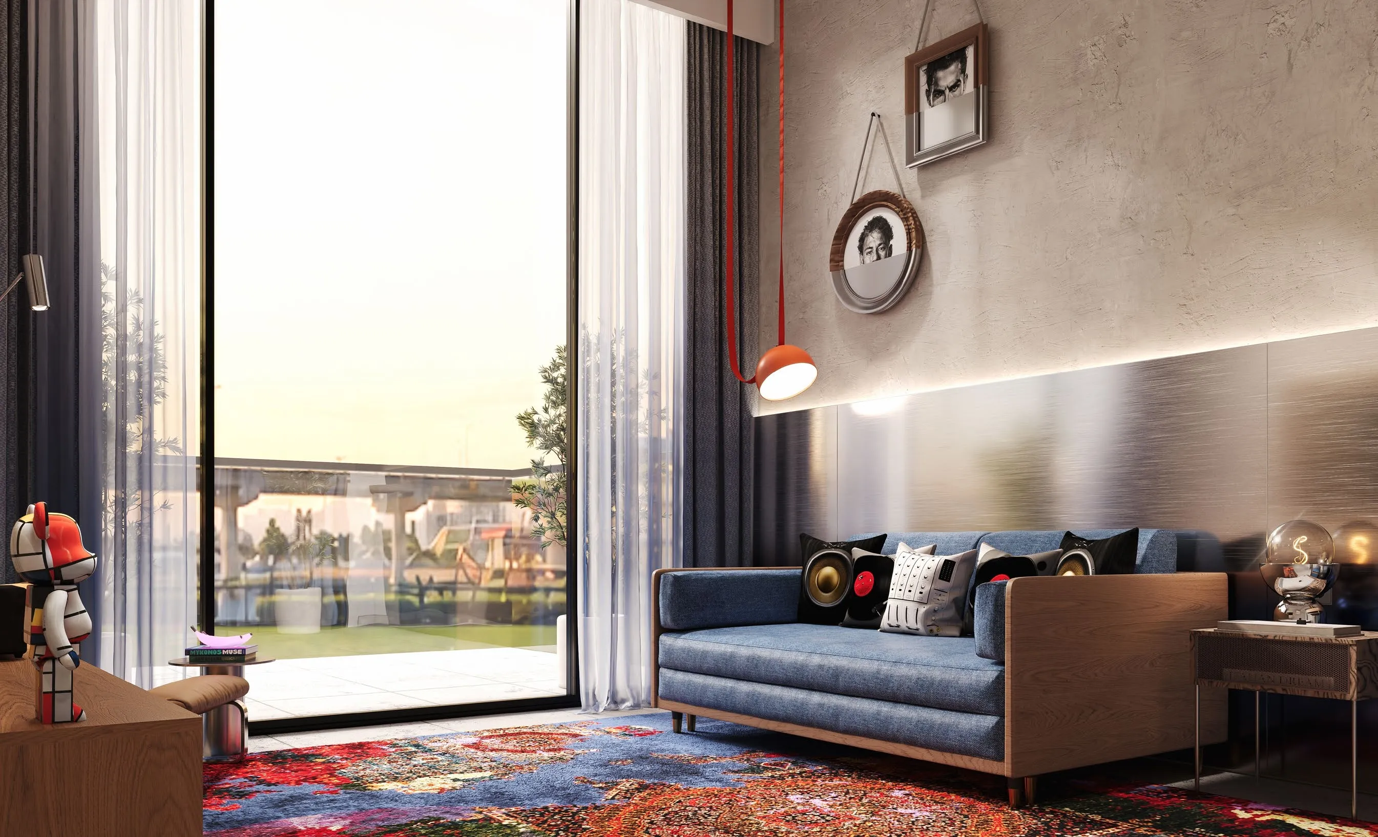 A furnished Raw District 2 interior, raw minimalist finish.
