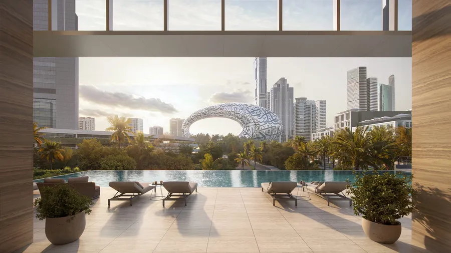 Outdoor Sky Lounge With Sunken Seating Area at Jumeirah Residences Emirates Towers.