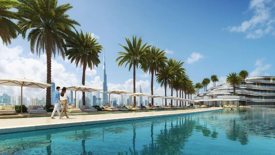 Pool Deck With Sunken Seating at Binghatti Aquarise.