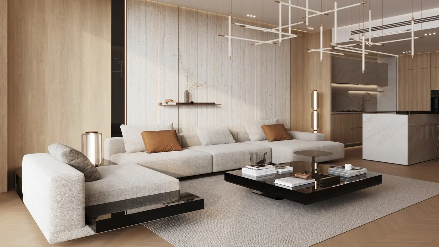 Interior render at Binghatti Aquarise.