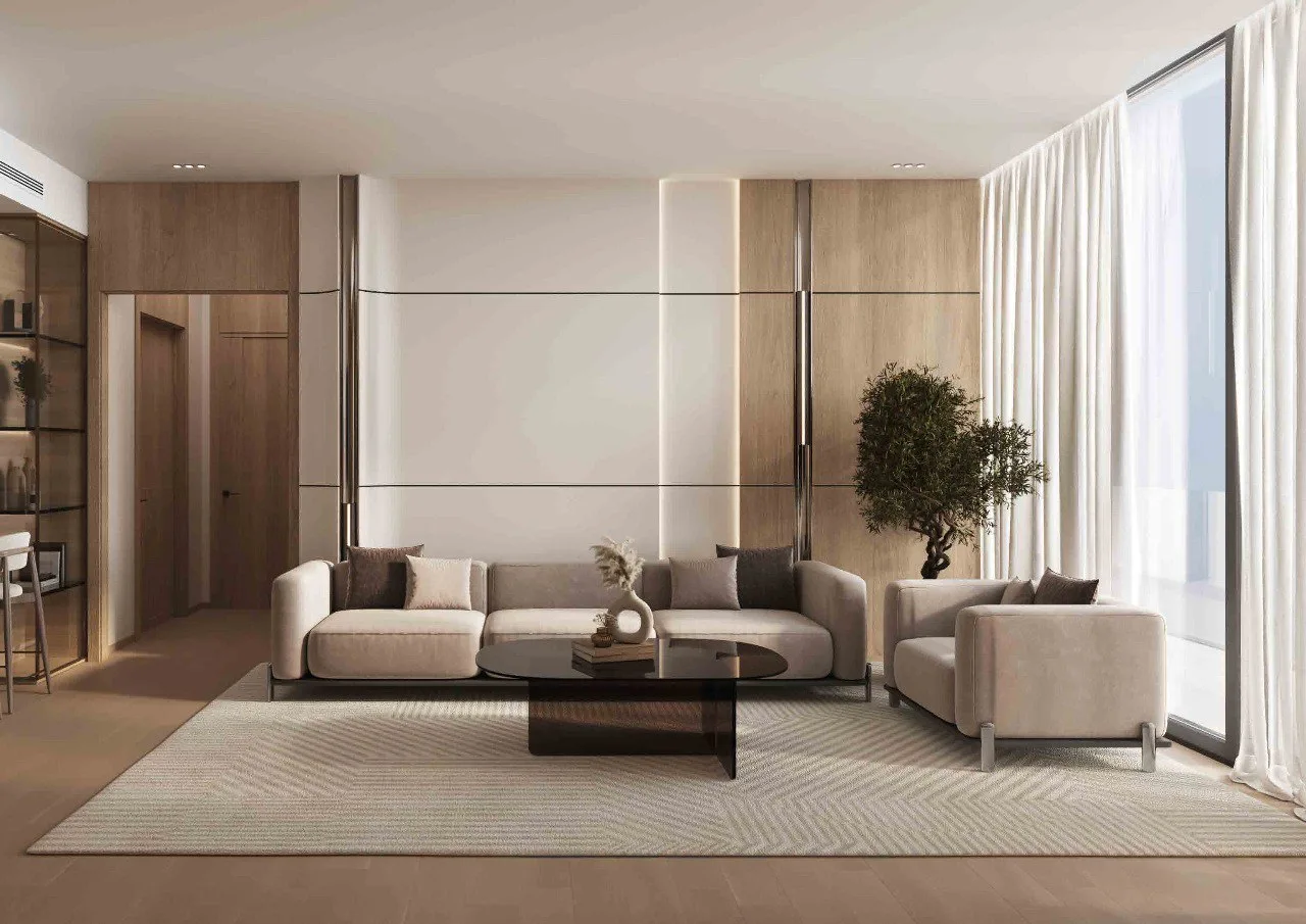 Interior render at Binghatti Hillviews.
