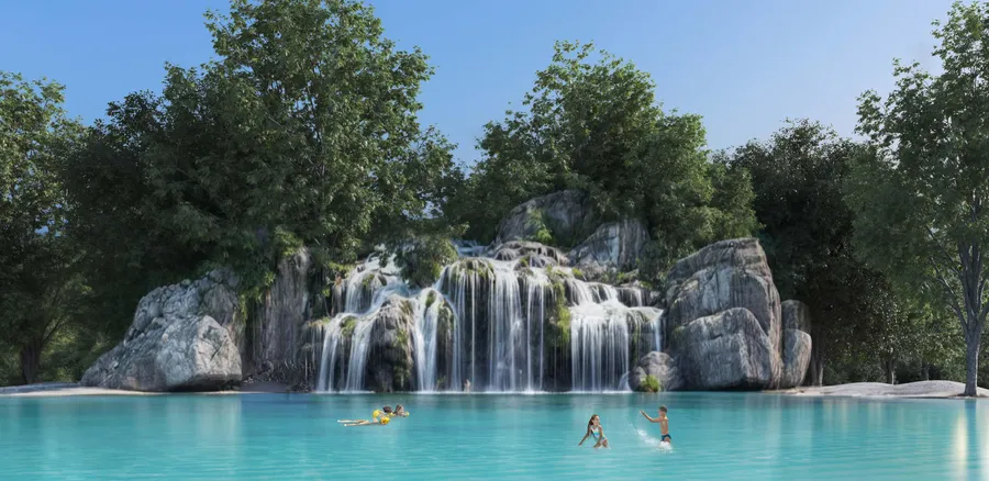 Swimmable Forest Lagoon With Waterfall at Masaar 2 Coral.